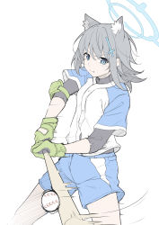 Rule 34 | 1girl, :t, absurdres, alternate costume, animal ear fluff, animal ears, ball, baseball, baseball bat, baseball uniform, blue archive, blue eyes, blue shorts, closed mouth, cross hair ornament, elbow pads, extra ears, gloves, green gloves, grey hair, hair between eyes, hair ornament, halo, highres, holding, holding baseball bat, layered sleeves, masabodo, medium hair, motion lines, shiroko (blue archive), short sleeves, shorts, simple background, solo, sportswear, standing, v-shaped eyebrows, white background