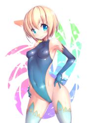 Rule 34 | 1girl, absurdres, bare shoulders, blonde hair, blue eyes, blue gloves, blue leotard, blush, breasts, cameltoe, covered erect nipples, covered navel, elbow gloves, gloves, gluteal fold, hands on own hips, highleg, highleg leotard, highres, ichihachiyon, leotard, looking at viewer, original, short hair, simple background, small breasts, smile, solo, thighhighs