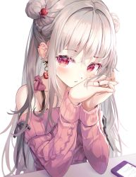Rule 34 | 1girl, bare shoulders, blush, braid, cellphone, character request, collarbone, copyright request, desk, double bun, earrings, hair bun, hand on own cheek, hand on own face, highres, jewelry, long hair, looking at viewer, own hands together, phone, red eyes, ribbon, ring, seero, silver hair, simple background, sitting, smartphone, straight hair, sweater, white background