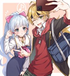 Rule 34 | 1boy, 1girl, :o, ;d, ahoge, arm up, ayaka (genshin impact), bag, black headband, black jacket, blonde hair, blue bag, blue dress, blue eyes, blue hair, blunt bangs, blush, border, cellphone, collared shirt, commentary request, dog tags, dress, earrings, eyelashes, genshin impact, green eyes, hair between eyes, hair ornament, hair ribbon, headband, high ponytail, highres, holding, holding phone, hood, hood down, hoodie, jacket, jewelry, kamisato ayaka, kamisato ayaka (gigo), lapels, long hair, long sleeves, low ponytail, mizuamememe, musical note, neck ring, necklace, notice lines, one eye closed, open clothes, open jacket, open mouth, outside border, parted lips, phone, pinafore dress, pink background, pink ribbon, ponytail, red hoodie, ribbon, sailor collar, school bag, school uniform, selfie, shirt, shoulder bag, sidelocks, simple background, sleeveless dress, sleeves rolled up, smartphone, smile, speech bubble, spoken musical note, standing, stud earrings, tassel, thoma (genshin impact), thoma (gigo) (genshin impact), very long hair, white border, white sailor collar, white shirt, wing collar