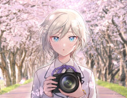 Rule 34 | 1girl, :o, anastasia (idolmaster), ashidaex, blazer, blue eyes, blurry, blurry background, blush, camera, canon (company), cherry blossoms, commentary request, falling petals, grey hair, holding, holding camera, idolmaster, idolmaster cinderella girls, jacket, looking at viewer, neck ribbon, outdoors, petals, ribbon, school uniform, single-lens reflex camera, solo, upper body