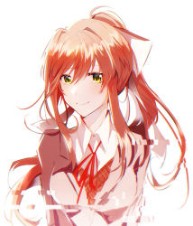 Rule 34 | 1girl, bitto (b 110 ), blazer, breasts, brown jacket, brown vest, collared shirt, commentary, doki doki literature club, english commentary, glitch, green eyes, jacket, long hair, looking at viewer, medium breasts, monika (doki doki literature club), ponytail, school uniform, shirt, smile, solo, upper body, vest, white background, white shirt