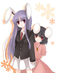 Rule 34 | 2girls, animal ears, black hair, buttons, carrot necklace, dress, expressionless, female focus, formal, inaba tewi, jewelry, long hair, long sleeves, looking at viewer, multiple girls, necklace, pink dress, pink eyes, pleated skirt, puffy short sleeves, puffy sleeves, purple hair, rabbit ears, red eyes, reisen udongein inaba, sakaki chihiro, short sleeves, simple background, skirt, suit, touhou, very long hair, white background, white skirt