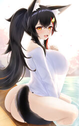 Rule 34 | 1girl, :d, absurdres, animal ear fluff, animal ears, ass, black hair, bottomless, breasts, choker, hair ornament, hairclip, highres, hololive, large breasts, long hair, mee don, multicolored hair, naked shirt, onsen, ookami mio, ookami mio (casual), open mouth, orange eyes, ponytail, see-through, shirt, sidelocks, smile, soaking feet, solo, streaked hair, tail, tail around own leg, very long hair, virtual youtuber, white shirt, wolf ears, wolf girl, wolf tail