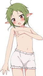 Rule 34 | 1girl, ahoge, bloomers, blush, breasts, brown eyes, collarbone, commentary request, covering privates, covering breasts, green hair, highres, looking at viewer, mushoku tensei, navel, open mouth, pointy ears, simple background, small breasts, solo, sylphiette (mushoku tensei), takasuma hiro, topless, underwear, underwear only, white background, white bloomers