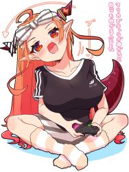 Rule 34 | 1girl, ahoge, alternate costume, black shirt, blush, bow, breasts, controller, crossed legs, diagonal-striped bow, dragon tail, game console, game controller, head tilt, highres, hololive, kiryu coco, large breasts, long hair, open mouth, orange hair, pointy ears, red eyes, sakuramochi (sakura frappe), shirt, shorts, sitting, socks, solo, striped bow, striped clothes, striped shorts, striped socks, tail, translation request, very long hair, virtual youtuber, white background