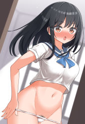 Rule 34 | 1girl, black hair, blue neckwear, blue sailor collar, blurry, blurry background, blush, breasts, brown eyes, depth of field, female pubic hair, groin, hekomii, highres, indoors, long hair, looking at viewer, medium breasts, navel, no pants, nose blush, open mouth, original, panties, panty pull, pubic hair, pulling own clothes, sailor collar, shirt, solo, underwear, white panties, white shirt, window