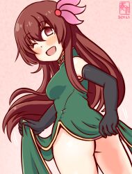 Rule 34 | 1girl, artist logo, ass, black gloves, breasts, brown hair, china dress, chinese clothes, cowboy shot, dated, dress, elbow gloves, gloves, gradient background, green dress, hair ornament, kanon (kurogane knights), kantai collection, kisaragi (kancolle), long hair, no panties, one-hour drawing challenge, open mouth, pink background, purple eyes, small breasts, smile, solo