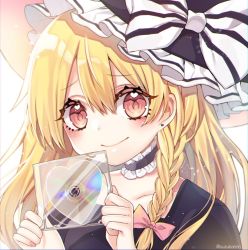 Rule 34 | 1girl, album cover, artist name, black hat, black neckwear, blonde hair, blush, bow, closed mouth, cover, hair ornament, hands up, hat, kirisame marisa, kyouda suzuka, long hair, looking at viewer, md5 mismatch, orange eyes, pink bow, short sleeves, short twintails, simple background, sleeveless, smile, solo, touhou, twintails, white background, white bow, witch hat