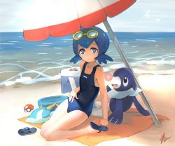 Rule 34 | 1girl, absurdres, albreo, beach, blue eyes, blue hair, blue one-piece swimsuit, bright pupils, can, collarbone, creatures (company), day, drink can, eyewear on head, flip-flops, full body, game freak, gen 7 pokemon, hand on own hip, hands on own hip, highres, horizon, lana (pokemon), looking at viewer, nintendo, ocean, one-piece swimsuit, outdoors, parasol, petite, planted, planted umbrella, poke ball, poke ball (basic), pokemon, pokemon (creature), pokemon sm, popplio, sandals, school swimsuit, short hair, sitting, smile, soda can, swimsuit, tagme, towel, umbrella