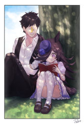 Rule 34 | 1boy, 1girl, absurdres, animal ears, artist name, black hair, black pants, black vest, blouse, blue flower, blue headwear, blue rose, book, border, brown hair, commentary request, convenient leg, dappled sunlight, dress shirt, flower, frilled skirt, frills, hair over one eye, highres, holding, holding book, horse ears, horse girl, horse tail, knees up, long hair, looking at another, mary janes, on grass, on ground, outdoors, pants, poko (user rjdg5478), puffy short sleeves, puffy sleeves, purple eyes, purple shirt, reading, rice shower (umamusume), rose, school uniform, shirt, shoes, short hair, short sleeves, signature, sitting, skirt, smile, spiked hair, sunlight, t-head trainer, tail, thighhighs, tracen school uniform, trainer (umamusume), tree, umamusume, under tree, vest, white border, white shirt, white thighhighs