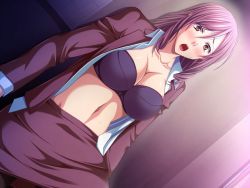 Rule 34 | 1girl, black bra, bra, daihanjou ～chitai o sarakedashita hitozuma-tachi～, game cg, kawai masaki, open clothes, open shirt, purple hair, underwear
