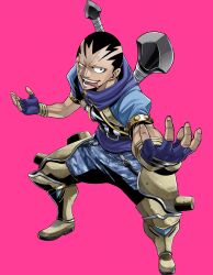Rule 34 | 1boy, armor, black hair, blood (gate of nightmares), blue gloves, blue pants, blue shirt, camouflage, camouflage pants, fingerless gloves, full body, gate of nightmares, gloves, highres, looking at viewer, male focus, mashima hiro, official art, open mouth, pants, shirt, short hair, short sleeves, simple background, solo, tachi-e, teeth, tongue, tongue out, transparent background, very short hair, weapon, weapon on back
