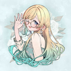 Rule 34 | 1girl, adjusting eyewear, aizawa ema, aizawa ema (3rd costume), belt, blonde hair, blue eyes, blue nails, blunt bangs, breasts, dress, earrings, fingernails, floral print, flower earrings, glasses, gradient hair, hair flaps, hair ornament, half-sleeves, haremoto, highres, jewelry, lace-trimmed collar, lace-trimmed sleeves, lace trim, light blush, long hair, looking at viewer, multicolored hair, nail polish, one eye closed, open mouth, parted bangs, smile, solo, twitter username, upper body, virtual youtuber, vspo!