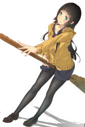 Rule 34 | 10s, 1girl, black hair, black pantyhose, blunt bangs, broom, broom riding, flying witch, full body, green eyes, highres, hood, hoodie, kowata makoto, loafers, long hair, long sleeves, looking at viewer, outstretched arm, pantyhose, shoes, simple background, skirt, smile, smile (qd4nsvik), solo, white background