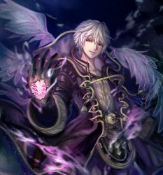 Rule 34 | 1boy, artist request, cape, dark persona, evil smile, fire emblem, fire emblem awakening, fire emblem heroes, gloves, grima (fire emblem), highres, hood, looking at viewer, male focus, nintendo, red eyes, robe, robin (fire emblem), robin (male) (fire emblem), short hair, simple background, smile, solo, white hair, wizard