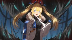Rule 34 | 1girl, :d, absurdres, bandaid, bandaid on cheek, bandaid on face, black bodysuit, blonde hair, blue eyes, blush, bodysuit, breasts, coat, fang, fur collar, goddess of victory: nikke, highres, laplace (nikke), long hair, looking at viewer, open mouth, rexyn, sidelocks, small breasts, smile, solo, twintails, two-tone gloves, white coat