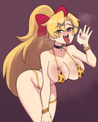 Rule 34 | 1girl, absurdres, animal print, arched back, blonde hair, blue eyes, blush, borrowed character, bow, bra, breasts, breath, choker, collarbone, cowboy shot, doce, fellatio gesture, female focus, hair between eyes, hair bow, hair ribbon, half-closed eyes, highres, large breasts, leaning forward, leopard print, long hair, looking at viewer, open mouth, original, panties, ponytail, purple background, red bow, ribbon, saliva, scrunchie, solo, thigh strap, tongue, tongue out, underwear, wrist scrunchie, wristband, yellow bra, yellow panties