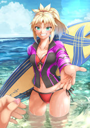 Rule 34 | 1girl, bikini, blonde hair, blue sky, blush, breasts, cleavage, cloud, commentary request, day, fate/apocrypha, fate/grand order, fate (series), fingernails, green eyes, grin, lens flare, long hair, looking at viewer, medium breasts, mordred (fate), mordred (fate) (all), mordred (fate/apocrypha), mordred (swimsuit rider) (fate), mordred (swimsuit rider) (third ascension) (fate), nail polish, navel, ocean, ohako (ohako1818), outstretched arm, partially submerged, ponytail, pov, pov hands, rash guard, red bikini, side-tie bikini bottom, sky, smile, solo, solo focus, surfboard, swimsuit, tan, teeth, water, wet