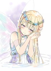 Rule 34 | 1girl, bang dream!, blonde hair, blush, fairy wings, half-closed eyes, half updo, head tilt, head wreath, long hair, own hands clasped, own hands together, partially submerged, purple eyes, shirasagi chisato, smile, sohu, solo, wings