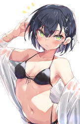Rule 34 | 1girl, absurdres, arm up, bare shoulders, bikini, black bikini, black hair, blush, bracelet, breasts, closed mouth, collarbone, commentary request, green eyes, hair ornament, hairclip, hand in own hair, highres, jewelry, junior (toshizou), navel, notice lines, open clothes, original, see-through, short hair, small breasts, solo, stomach, swimsuit, toshizou (0714), upper body, x hair ornament