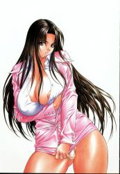 Rule 34 | 1girl, areola slip, breasts, brown hair, cleavage, clothes pull, curvy, formal, highres, hip focus, huge breasts, inoue takuya, large breasts, long hair, miniskirt, nipple slip, nipples, no bra, office lady, open clothes, open shirt, panties, pantyshot, pencil skirt, plump, red eyes, shirt, skirt, skirt pull, skirt suit, solo, suit, thick thighs, thighs, underwear, wide hips