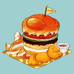 Rule 34 | among us, artist name, blue background, burger, cheese, chips (food), commentary, dum sticky note, food, food focus, highres, ketchup, lettuce, mini flag, no humans, pennant, potato wedges, signature, simple background, symbol-only commentary, tenmiyakiyo