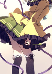 Rule 34 | 1girl, black hat, black thighhighs, bridal garter, commentary request, dise (psychoro), frilled skirt, frills, green nails, green skirt, hat, head out of frame, highres, komeiji koishi, long sleeves, lower body, nail polish, shirt, simple background, skirt, sleeves past wrists, solo, standing, tail, thighhighs, third eye, touhou, yellow shirt
