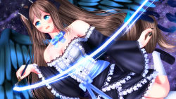 Rule 34 | 1girl, :o, alternate hairstyle, apron, aqua eyes, artist name, artist request, bare legs, bare shoulders, black bow, black footwear, black nails, blue eyes, blue wings, blush, bow, bowtie, breasts, brown hair, cleavage, cloud, collarbone, dress, female focus, hair between eyes, hair bow, highres, holding, holding pen, long hair, long twintails, looking at viewer, love live!, love live! nijigasaki high school idol club, maid, maid apron, maid cap, maid headdress, nail polish, night, night sky, off-shoulder dress, off shoulder, osaka shizuku, outdoors, parted lips, pen, ponytail, sky, small breasts, smile, solo, standing, standing on one leg, star (symbol), twintails, very long hair, wings