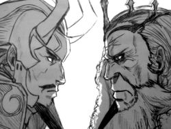 Rule 34 | 2boys, armor, beard, black hair, coat, collar, confrontation, crown, facial hair, fire emblem, fire emblem fates, fur collar, garon (fire emblem), glaring, goatee, greyscale, horned headwear, horns, jimmy (akakiryuunozimi), looking at another, monochrome, multicolored hair, multiple boys, mustache, nintendo, old, old man, serious, sideburns, sumeragi (fire emblem), traditional media, two-tone hair, white hair, wrinkled skin