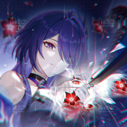 Rule 34 | 1girl, acheron (honkai: star rail), ahoge, bandaged arm, bandages, black choker, black gloves, breasts, bright pupils, broken glass, cancancancan, chinese commentary, choker, chromatic aberration, cleavage, closed mouth, collarbone, commentary request, criss-cross halter, diamond-shaped pupils, diamond (shape), different reflection, flower, glass, gloves, hair ornament, hair over one eye, halterneck, highres, holding, holding sword, holding weapon, honkai: star rail, honkai (series), large breasts, long hair, looking at another, multicolored hair, multiple views, official alternate color, purple eyes, purple hair, rain, red eyes, red flower, reflection, single bare shoulder, solo, streaked hair, sword, symbol-shaped pupils, upper body, weapon, white hair, white pupils