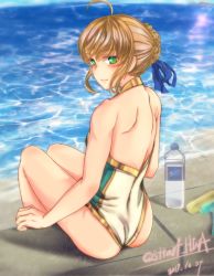 Rule 34 | 1girl, ahoge, artoria pendragon (all), artoria pendragon (fate), artoria pendragon (swimsuit archer) (fate), artoria pendragon (swimsuit archer) (third ascension) (fate), bad id, bad pixiv id, blonde hair, blue ribbon, braid, fate/grand order, fate/stay night, fate (series), green eyes, hair ribbon, highres, luft7star, one-piece swimsuit, pool, poolside, ribbon, saber (fate), sitting, solo, swimsuit, water, white one-piece swimsuit