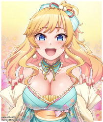 Rule 34 | 1girl, absurdres, bare shoulders, blonde hair, blue eyes, blue kimono, blush, breasts, chanakim, cleavage, detached collar, earrings, floral background, hands up, highres, idolmaster, idolmaster cinderella girls, idolmaster cinderella girls starlight stage, japanese clothes, jewelry, kimono, large breasts, long hair, looking at viewer, nail polish, obi, off shoulder, ohtsuki yui, open mouth, pixiv id, red nails, sash, sidelocks, smile, solo, twitter username, upper body, wavy hair