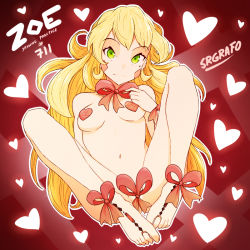 Rule 34 | 1girl, barefoot, blonde hair, blush stickers, bow, english text, green eyes, heart pasties, original, pasties, srgrafo, zoe (srgrafo)