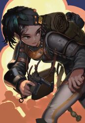 Rule 34 | 1girl, absurdres, armor, backpack, bag, bedroll, belt, black hair, black hat, boots, brown eyes, buttons, canteen, collar, collar tabs, commentary request, feathers, garrison cap, gorget, green feathers, gun, handgun, hat, hat feather, hat ornament, highres, holding, holding gun, holding weapon, insignia, jacket, knee boots, load bearing equipment, long sleeves, looking to the side, mauser c96, military, military hat, military jacket, military rank insignia, military uniform, original, pants, parted lips, patch, rerebrace, rifleman1130, single vambrace, soldier, solo, standing, sweat, sweatdrop, teeth, trigger discipline, uniform, vambraces, weapon, white pants