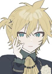 Rule 34 | 0211nami, 1boy, beads, black coat, blonde hair, blue eyes, coat, collared coat, flower, gloves, hair ornament, hairpin, kagamine len, long sleeves, male focus, parted lips, portrait, rose, rose pin, solo, vocaloid, white background, white flower, white gloves, white rose