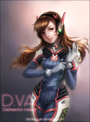 Rule 34 | 1girl, animal print, backlighting, bodysuit, bracer, breasts, brown eyes, brown hair, character name, copyright name, cowboy shot, d.va (overwatch), facepaint, facial mark, gloves, headphones, high collar, highres, light smile, lips, long hair, looking at viewer, matching hair/eyes, monkeyyan, nose, overwatch, overwatch 1, pilot suit, purple background, rabbit print, ribbed bodysuit, shoulder pads, skin tight, small breasts, solo, swept bangs, watermark, web address, whisker markings, white gloves