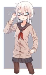 Rule 34 | 1girl, azuma shino, bespectacled, black sailor collar, blue nails, blush, border, brown cardigan, brown pantyhose, cardigan, fang, fingernails, glasses, grey background, grey skirt, hair ornament, hairclip, hand on own hip, hand up, heterochromia, highres, long sleeves, looking at viewer, low twintails, miniskirt, nail polish, neckerchief, nowareno (azuma shino), original, pantyhose, parted lips, pointy ears, red neckerchief, sailor collar, school uniform, semi-rimless eyewear, serafuku, simple background, skin fang, skirt, smile, solo, sparkle, standing, twintails, under-rim eyewear, white border, white hair