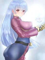 Rule 34 | 1girl, ass, bad id, bad pixiv id, blue hair, bodysuit, breasts, flower, gloves, kula diamond, large breasts, long hair, looking at viewer, perky breasts, red eyes, rose, solo, the king of fighters, very long hair, yaman (yamanta lov)