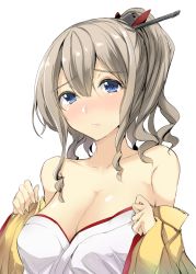 Rule 34 | 1girl, bare shoulders, blush, breasts, collarbone, frown, gin&#039;ichi (akacia), hatakaze (kancolle), japanese clothes, kantai collection, large breasts, light brown hair, medium hair, off shoulder, solo
