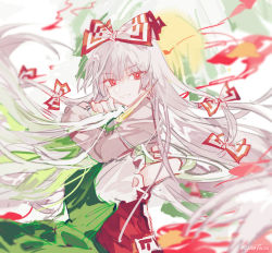 Rule 34 | 2girls, bad id, bad pixiv id, bow, commentary, dress, ex-keine, floating hair, fujiwara no mokou, green dress, green hair, hair bow, hands on another&#039;s shoulders, highres, hug, kamishirasawa keine, kyuutame, long hair, long sleeves, looking at viewer, multicolored hair, multiple girls, mutual hug, ofuda, ofuda on clothes, pants, parted lips, puffy short sleeves, puffy sleeves, red eyes, red pants, shirt, short sleeves, sketch, smile, touhou, two-tone hair, very long hair, white hair, white shirt