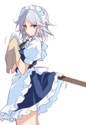 Rule 34 | 1girl, blue eyes, braid, cleaning, clothes lift, dress, dress lift, grey hair, highres, ichimura kanata, izayoi sakuya, looking back, maid headdress, one-hour drawing challenge, plate, short hair, side braids, simple background, solo, standing, touhou, towel, twin braids, white background