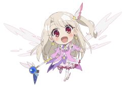 Rule 34 | 1girl, :d, blonde hair, blush, chibi, commentary request, detached sleeves, dress, earrings, fate/kaleid liner prisma illya, fate (series), feather hair ornament, feathers, full body, hair between eyes, hair ornament, holding, holding wand, illyasviel von einzbern, jewelry, kaleidostick, long hair, long sleeves, looking at viewer, magical girl, magical ruby, magical sapphire, official art, open mouth, pink dress, pink footwear, pink sleeves, prisma illya (zwei form), red eyes, shoes, simple background, smile, solo, star (symbol), thighhighs, very long hair, wand, weapon, white background, white thighhighs