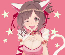 Rule 34 | + +, 10s, 1girl, ;d, animal ears, bad id, bad pixiv id, bell, bow, breast suppress, breasts, breasts squeezed together, bridal gauntlets, brown hair, cat ears, cat tail, cleavage, collar, fang, gloves, green eyes, hair bow, hair ornament, hair ribbon, idolmaster, idolmaster cinderella girls, jpeg artifacts, maekawa miku, medium breasts, neck bell, one eye closed, open mouth, pink background, pink theme, ponytail, ribbon, single glove, smile, solo, sparkle, sparkling eyes, star (symbol), tail, wristband, yuuki (irodo rhythm)