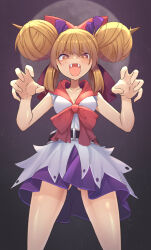 Rule 34 | 1girl, belt, blonde hair, blush, bow, bowtie, breasts, brown hair, brown horns, claw pose, cleavage, commentary request, double bun, fangs, feet out of frame, full moon, gluteal fold, hair bow, hair bun, horn ornament, horn ribbon, horns, ibuki suika, looking at viewer, lotus eaters, medium breasts, medium hair, moon, open mouth, purple ribbon, purple skirt, red bow, red bowtie, ribbon, shirt, skirt, sleeveless, sleeveless shirt, smile, solo, thighs, touhou, white shirt, z.o.b