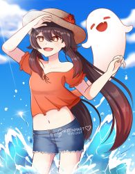 Rule 34 | 1girl, :d, alternate costume, bare shoulders, black hair, blue sky, blurry, casual, cloud, cloudy sky, collarbone, commentary, denim, denim shorts, depth of field, english commentary, genshin impact, hair between eyes, hat, highres, hu tao (genshin impact), in water, long hair, looking at viewer, navel, open mouth, orange eyes, salute, short shorts, short sleeves, shorts, sidelocks, sky, smile, sorreinhart, stomach, straw hat, symbol-shaped pupils, twintails, twitter username, wading, watermark
