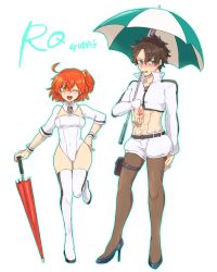 Rule 34 | 1boy, 1girl, abs, adapted costume, ahoge, alternate costume, bad id, bad twitter id, black hair, blue eyes, boots, command spell, cropped jacket, detached collar, fate/grand order, fate (series), fujimaru ritsuka (female), fujimaru ritsuka (male), full body, hand on own hip, high heels, highres, kagariflame, pantyhose under shorts, leotard, looking at viewer, looking away, one eye closed, orange eyes, orange hair, pantyhose, pantyhose under shorts, parasol, puffy shorts, race queen, short hair, shorts, shrug (clothing), side ponytail, simple background, smile, standing, standing on one leg, thigh boots, thigh strap, thighhighs, umbrella, white background, white thighhighs, wink, wrist cuffs