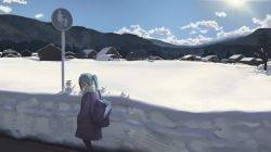 Rule 34 | 1girl, absurdres, bare tree, blue coat, blue eyes, blue hair, blue sky, cinderella (vocaloid), cloud, coat, glasses, hands in pockets, hatsune miku, highres, house, long hair, mon2nd, mountain, mountainous horizon, road, road sign, scarf, scenery, sign, sky, snow, solo, tree, twintails, vocaloid, walking, white scarf