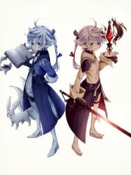 Rule 34 | 1boy, 1girl, alisaie leveilleur, alphinaud leveilleur, arm behind back, back-to-back, book, boots, braid, braided ponytail, brother and sister, carbuncle (final fantasy), crystal, final fantasy, final fantasy xiv, ichi (pixiv6373491), jacket, looking at viewer, pointy ears, siblings, silver hair, smile, standing, sword, twins, weapon