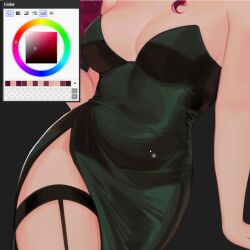 Rule 34 | 1girl, art program in frame, black dress, breasts, cleavage, color wheel, commentary, covered navel, dress, english commentary, garter straps, juhuachai, long hair, lower body, original, red hair, side slit, sleeveless, sleeveless dress, solo, thighhighs, unfinished